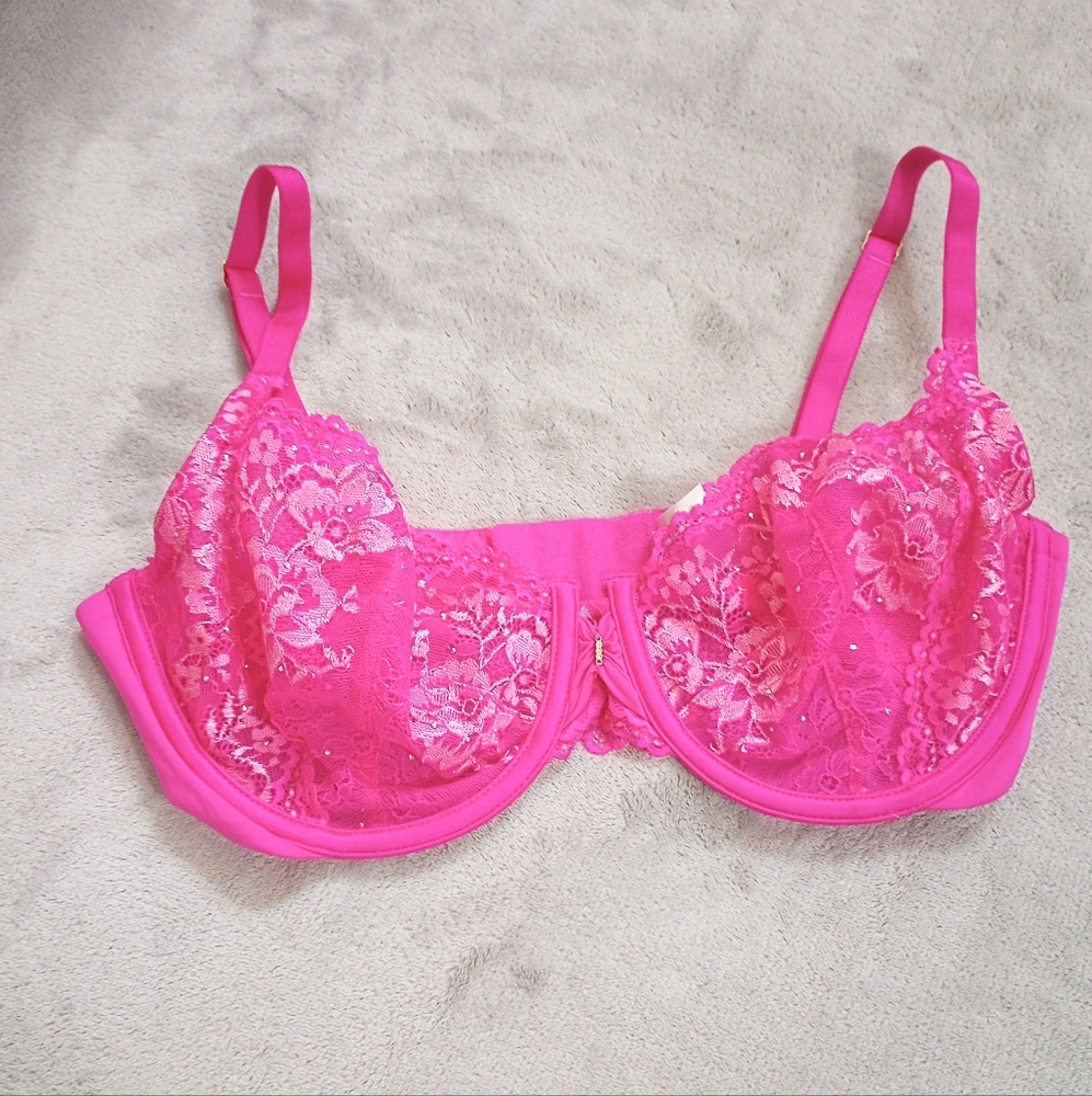 Victoria's Secret Hot Pink Lace & Crystals Demi Bra 34 DD